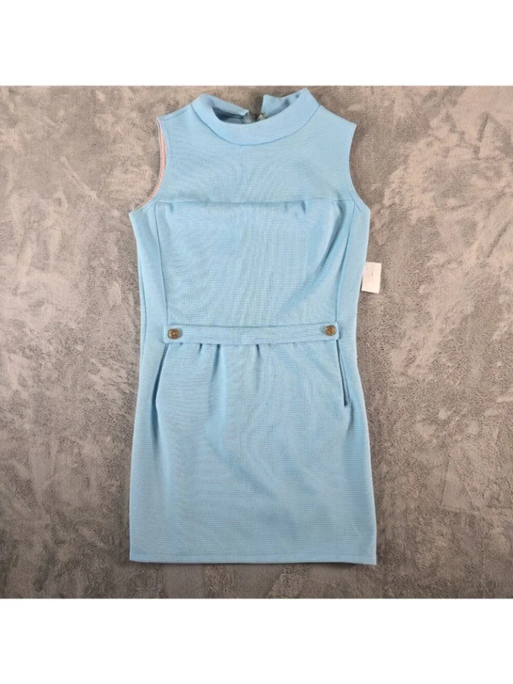 Vintage 1960s Blue Dacron Ribbed Knit Sleeveless Mock Neck Mod Mini Dress (M)